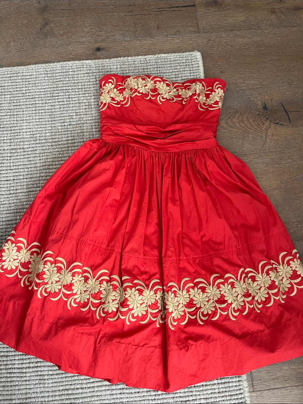 Girls from Savoy Red Strapless Dress with Gold Floral Embroidery